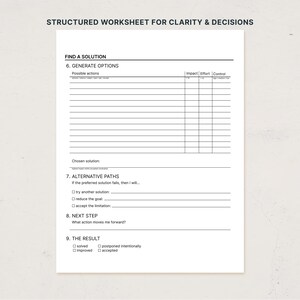 May include: A white structured worksheet for clarity and decisions featuring black text. It includes sections titled Find a Solution, Generate Options with a table for impact, effort, and control, Alternative Paths, Next Step, and The Result with checkboxes.