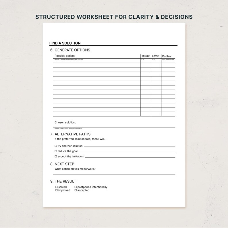 May include: A white structured worksheet for clarity and decisions featuring black text. It includes sections titled Find a Solution, Generate Options with a table for impact, effort, and control, Alternative Paths, Next Step, and The Result with checkboxes.