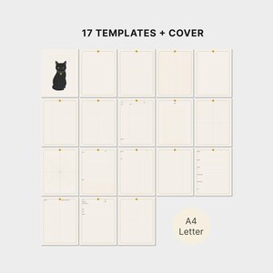 May include: A collection of 17 templates and a cover page featuring a black cat illustration. The set includes various page layouts such as lined, grid, and blank formats on a light cream background. The text 17 TEMPLATES + COVER and A4 Letter appear.