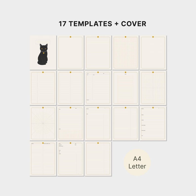 May include: A collection of 17 templates and a cover page featuring a black cat illustration. The set includes various page layouts such as lined, grid, and blank formats on a light cream background. The text 17 TEMPLATES + COVER and A4 Letter appear.