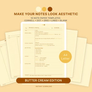 May include: Aesthetic note paper templates in a butter cream colour. The image shows a digital tablet with notes and the text "MAKE YOUR NOTES LOOK AESTHETIC". The templates include Cornell, dot, grid, lined, and blank styles. The paper size is A4.