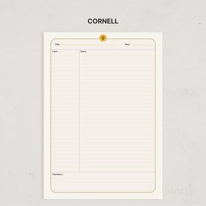 May include: A Cornell note-taking template printed on off-white paper. The page features the word CORNELL at the top, a gold circular icon with a Greek psi symbol, and sections labeled Title, Date, Cues, Notes, and Summary with horizontal lines.