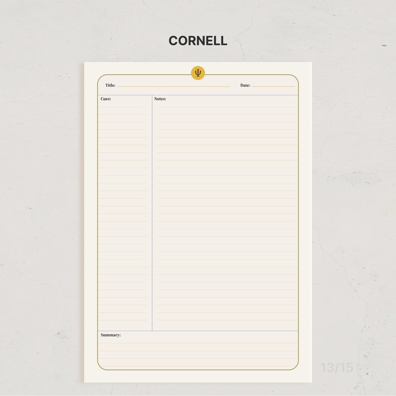 May include: A Cornell note-taking template printed on off-white paper. The page features the word CORNELL at the top, a gold circular icon with a Greek psi symbol, and sections labeled Title, Date, Cues, Notes, and Summary with horizontal lines.