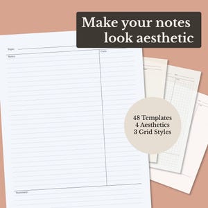 Könnte beinhalten: Ästhetische Notizvorlagen. Das Bild zeigt einen Stapel weißes Papier mit linierten und Rasterdesigns. Der Text auf dem Bild lautet "Make your notes look aesthetic", "48 Templates, 4 Aesthetics, 3 Grid Styles".