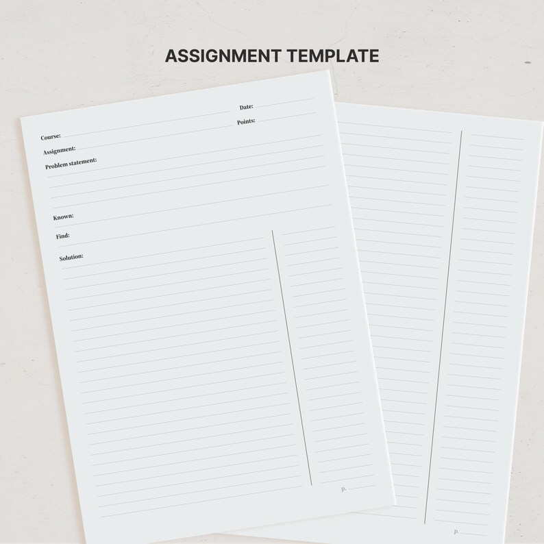 K&ouml;nnte beinhalten: Ein wei&szlig;es Aufgabenblatt mit dem Text ASSIGNMENT TEMPLATE am oberen Rand. Das Blatt enth&auml;lt gedruckte Linien und Beschriftungen f&uuml;r Course, Date, Points, Assignment, Problem statement, Known, Find und Solution sowie eine vertikale Linie.