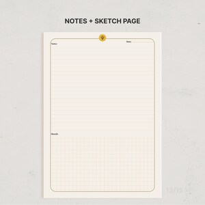 May include: A cream-colored paper sheet titled NOTES + SKETCH PAGE. The top features a small gold circle with a Greek psi symbol. The layout includes a lined section labeled Notes, a Date line, and a bottom section with a grid pattern labeled Sketch.