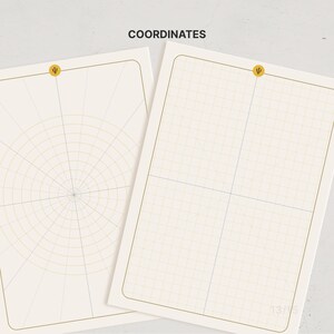 May include: Two off-white paper sheets labeled COORDINATES at the top. One sheet features a circular polar grid, while the other displays a standard Cartesian grid. Both pages have a thin gold border and a small gold circle with a Greek psi symbol.