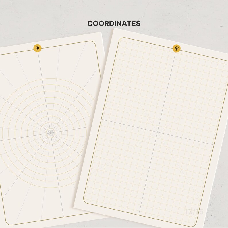 May include: Two off-white paper sheets labeled COORDINATES at the top. One sheet features a circular polar grid, while the other displays a standard Cartesian grid. Both pages have a thin gold border and a small gold circle with a Greek psi symbol.
