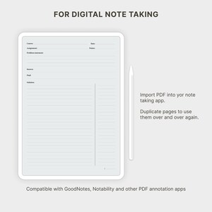 K&ouml;nnte beinhalten: Eine digitale Notizvorlage mit einer wei&szlig;en Seite, die Felder f&uuml;r Kurs, Datum, Aufgabe, Punkte, Problemstellung, Gegeben, Gesucht und L&ouml;sung enth&auml;lt. Daneben befindet sich ein wei&szlig;er Eingabestift. Text: FOR DIGITAL NOTE TAKING, Import PDF into yor note taking app. Duplicate pages to use them over and over again. Compatible with GoodNotes, Notability and other PDF annotation apps.