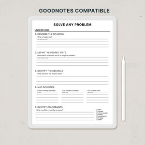 May include: A digital planner page titled SOLVE ANY PROBLEM with sections for understanding, defining the desired state, identifying obstacles, mapping influence, and identifying constraints. The text GOODNOTES COMPATIBLE appears above, and a white stylus is on the right.