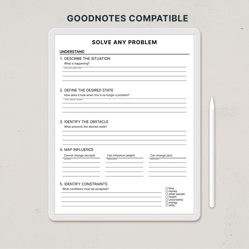 May include: A digital planner page titled SOLVE ANY PROBLEM with sections for understanding, defining the desired state, identifying obstacles, mapping influence, and identifying constraints. The text GOODNOTES COMPATIBLE appears above, and a white stylus is on the right.