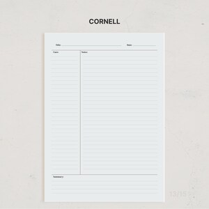 K&ouml;nnte beinhalten: Eine wei&szlig;e Cornell-Notizvorlage auf Papier gedruckt. Das Layout umfasst einen oberen Bereich f&uuml;r Titel und Datum, eine vertikale Spalte mit der Beschriftung Cues, einen gro&szlig;en Bereich mit der Beschriftung Notes und einen unteren Bereich mit Summary.