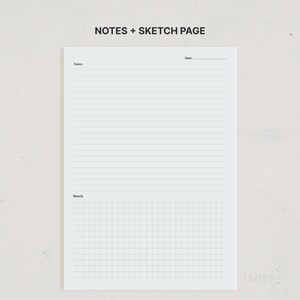 K&ouml;nnte beinhalten: Ein wei&szlig;es Blatt Papier mit der &Uuml;berschrift NOTES + SKETCH PAGE oben. Der obere Bereich enth&auml;lt horizontale Linien f&uuml;r Notizen mit einem Datumsfeld oben rechts. Der untere Bereich enth&auml;lt ein als Sketch beschriftetes Rastermuster.