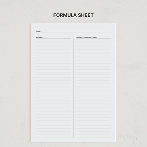 K&ouml;nnte beinhalten: Ein wei&szlig;es Formelblatt mit schwarzem Text. Oben steht FORMULA SHEET. Darunter befindet sich eine Zeile f&uuml;r Topic. Es gibt zwei Spalten, beschriftet mit Formula und Variables/conditions/units, die jeweils horizontale Linien zum Schreiben enthalten.