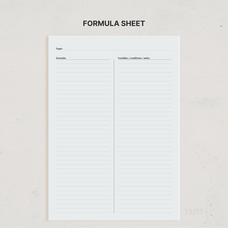 K&ouml;nnte beinhalten: Ein wei&szlig;es Formelblatt mit schwarzem Text. Oben steht FORMULA SHEET. Darunter befindet sich eine Zeile f&uuml;r Topic. Es gibt zwei Spalten, beschriftet mit Formula und Variables/conditions/units, die jeweils horizontale Linien zum Schreiben enthalten.