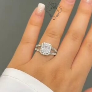 Radiant Cut Moissanite Halo Engagement Ring, Solid Gold Split Shank Wedding Jewelry