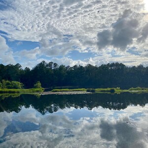 May include: A serene landscape featuring a calm lake reflecting a cloudy sky and a treeline. The sky is a mix of blue and white, with the clouds mirrored in the water. The treeline is a dark green, creating a contrast with the sky and water.