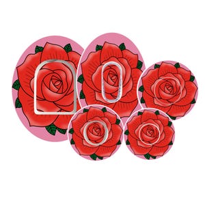 May include: A set of red rose illustrations with green leaves on a pink backdrop. The roses have a white outline and are in various sizes and shapes, including oval and circular designs. The image is on a white background.