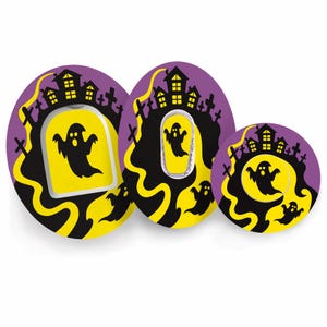 Könnte beinhalten: Drei kreisförmige Klebepflaster mit Halloween-Motiv, bestehend aus einem violetten Hintergrund, einer schwarzen Silhouette eines Spukhauses und Friedhofs sowie einem leuchtend gelben Vordergrund mit schwarzen Geisterfiguren.