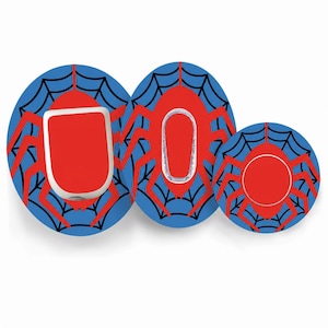 May include: Three circular adhesive patches featuring a blue background with a black spiderweb pattern and a large red spider graphic. The patches have white centre cutouts of varying shapes, including a square, an oval, and a circle.