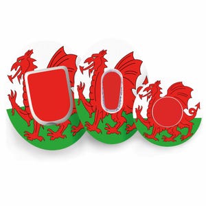 Könnte beinhalten: Drei Klebepflaster mit dem roten Drachen von Wales auf grün-weißem Hintergrund. Jedes Pflaster hat einen mittigen Ausschnitt in rechteckiger, ovaler oder kreisförmiger Form, passend für medizinische Überwachungsgeräte.