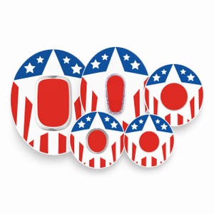 May include: A set of five adhesive patches in varying sizes, each featuring a red, white, and blue patriotic design with a large white star on a blue background and red and white vertical stripes. The patches have central cutouts.