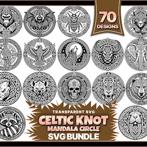 May include: A collection of 70 black and white Celtic knot mandala circle designs in SVG format. The designs feature various animals and symbols, including a gorilla, bat, bee, eagle, wolf, bull, elephant, tiger, bear, raccoon, and skull.
