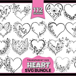Puede incluir: Una colección digital de 112 diseños de arte lineal en blanco y negro con formas de corazón adornadas con mariposas y elementos florales. El gráfico incluye el texto 112 DESIGNS y TRANSPARENT SVG HEART SVG BUNDLE en pancartas rosas.