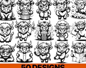 Highland Cow SVG Bundle 50 Designs, Highland Cow PNG, Cute Funny Farm Animal Clipart, Highland Cow Shirt for Cricut, Digital Download