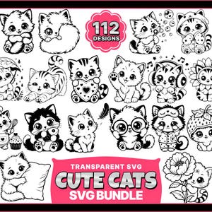 Puede incluir: Una colección digital de 112 ilustraciones de arte lineal en blanco y negro que muestran gatitos en varias poses y actividades, incluyendo disfraces y objetos, con el texto 112 DESIGNS y CUTE CATS SVG BUNDLE.