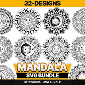 Può includere: Disegni di mandala in bianco e nero con facce di sole e di luna, motivi floreali e dettagli intricati. L'immagine include il testo "32-DESIGNS" e "MANDALA SVG BUNDLE".