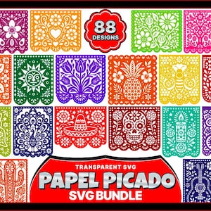 Puede incluir: Una colección digital de 88 diseños de Papel Picado con intrincados patrones recortados en varios colores, incluyendo rojo, naranja, amarillo, verde, azul y morado. Los gráficos muestran motivos como calaveras, flores, cactus y animales.
