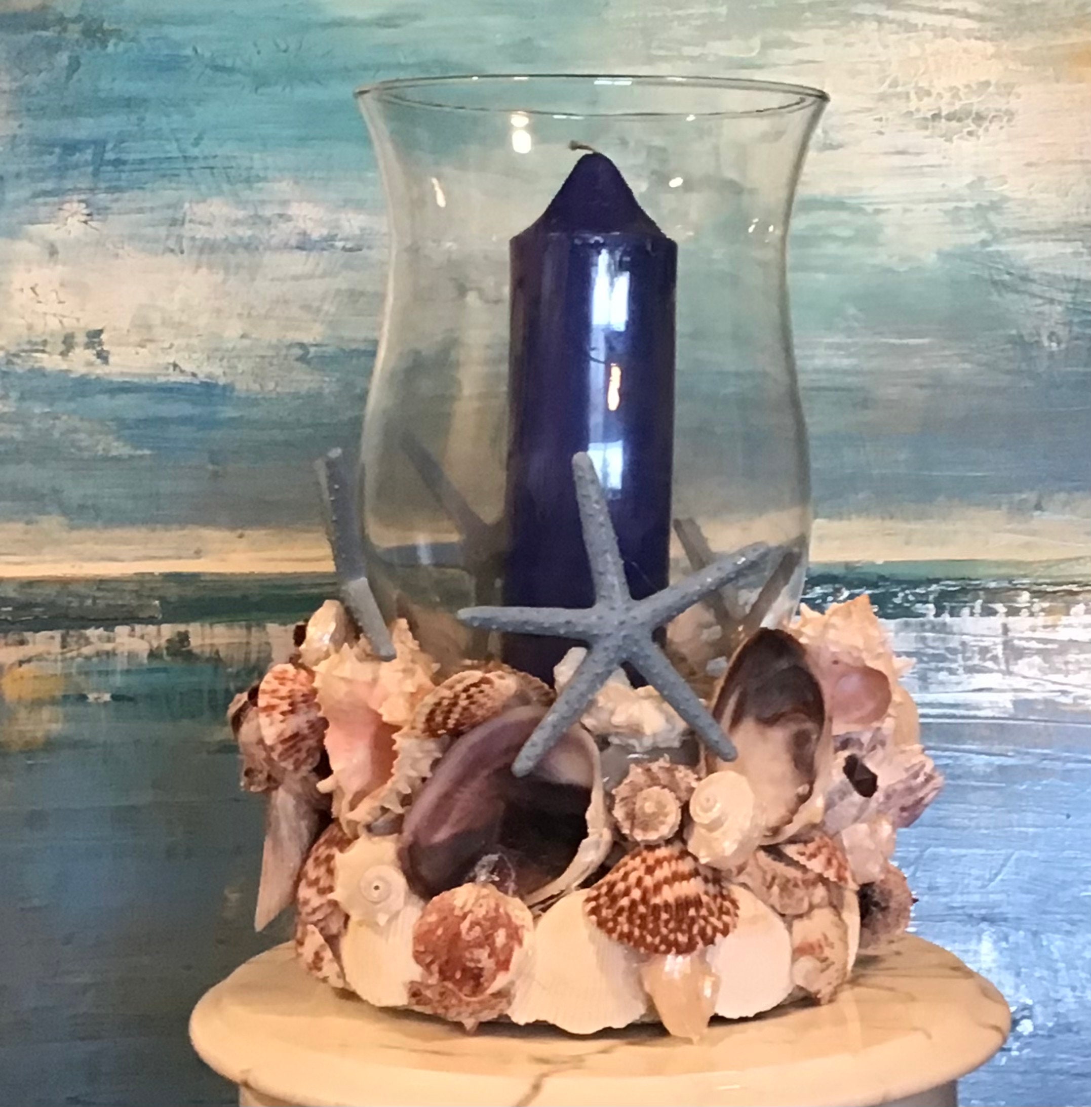 Special Candle Holder With Blue Starfish and Pink Barnacles Shells Etsy