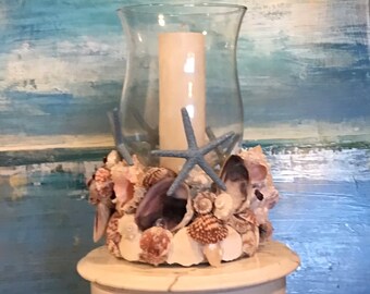 Special Candle Holder with blue starfish and pink barnacles Shells