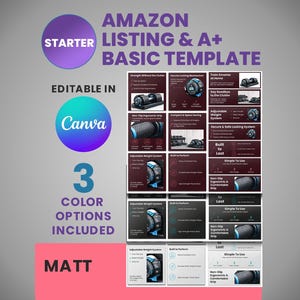 K&ouml;nnte beinhalten: Eine Amazon-Listing-Vorlage mit dem Text "AMAZON LISTING & A+ BASIC TEMPLATE". Die Vorlage ist in Canva bearbeitbar und enth&auml;lt 3 Farboptionen. Die Vorlage enth&auml;lt Bilder von verstellbaren Hanteln und anderen Fitnessger&auml;ten.