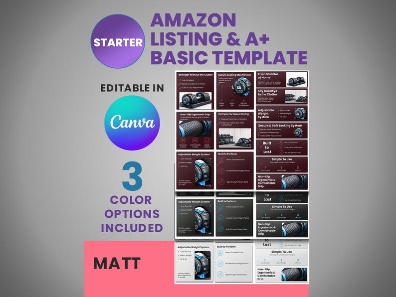 K&ouml;nnte beinhalten: Eine Amazon-Listing-Vorlage mit dem Text "AMAZON LISTING & A+ BASIC TEMPLATE". Die Vorlage ist in Canva bearbeitbar und enth&auml;lt 3 Farboptionen. Die Vorlage enth&auml;lt Bilder von verstellbaren Hanteln und anderen Fitnessger&auml;ten.