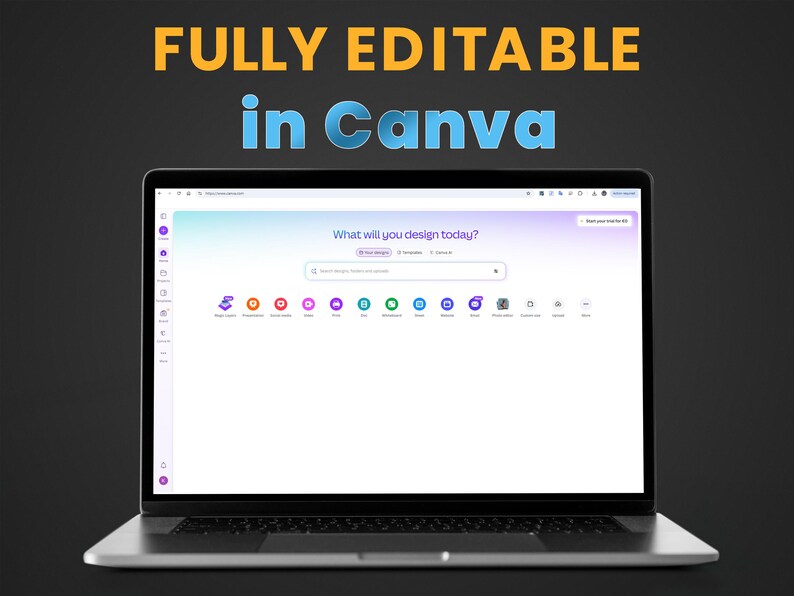K&ouml;nnte beinhalten: Ein Laptop, der die Canva-Website-Oberfl&auml;che anzeigt. Der Bildschirm zeigt den Text "What will you design today?" und "FULLY EDITABLE in Canva" in Gelb und Blau. Der Laptop befindet sich auf einem dunkelgrauen Hintergrund.