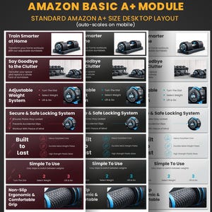K&ouml;nnte beinhalten: Werbung f&uuml;r verstellbare Hanteln von Amazon Basics. Das Bild zeigt Funktionen wie einstellbares Gewicht, sichere Verriegelung und ergonomischen Griff. Der Text enth&auml;lt "Train Smarter at Home" und "Say Goodbye to the Clutter."