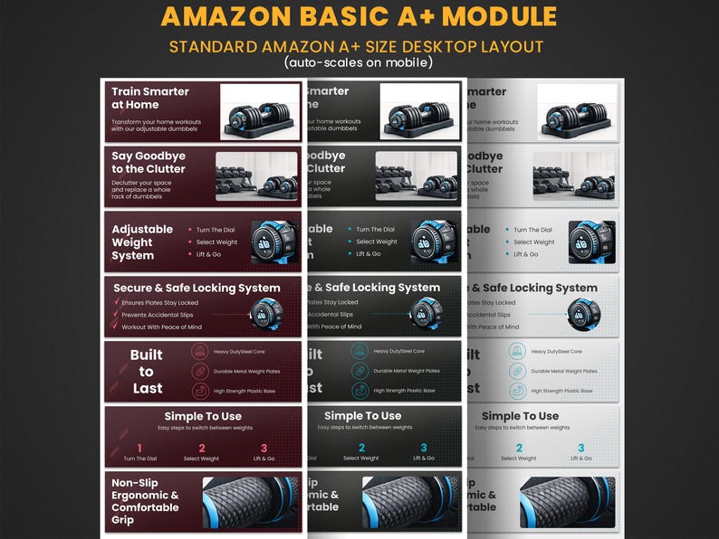 K&ouml;nnte beinhalten: Werbung f&uuml;r verstellbare Hanteln von Amazon Basics. Das Bild zeigt Funktionen wie einstellbares Gewicht, sichere Verriegelung und ergonomischen Griff. Der Text enth&auml;lt "Train Smarter at Home" und "Say Goodbye to the Clutter."