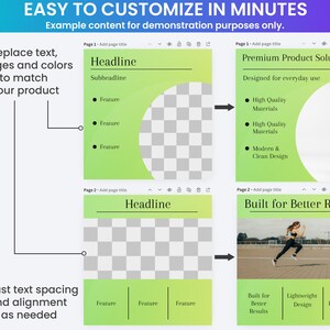 K&ouml;nnte beinhalten: Ein digitales Design-Layout mit dem Text &bdquo;EASY TO CUSTOMIZE IN MINUTES&ldquo;. Das Layout enth&auml;lt Platzhalter f&uuml;r Text und Bilder, mit Abschnitten f&uuml;r &Uuml;berschriften, Funktionen und Produktl&ouml;sungen. Das Design befindet sich auf wei&szlig;em Hintergrund.