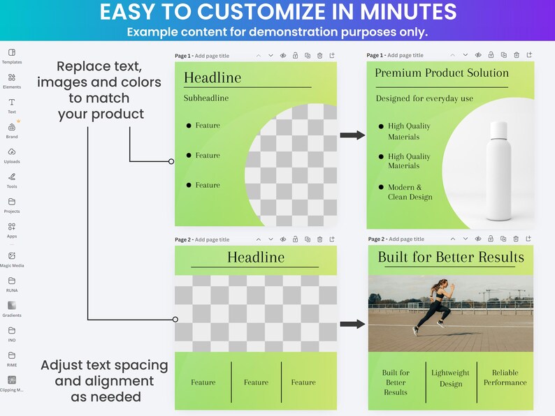 K&ouml;nnte beinhalten: Ein digitales Design-Layout mit dem Text &bdquo;EASY TO CUSTOMIZE IN MINUTES&ldquo;. Das Layout enth&auml;lt Platzhalter f&uuml;r Text und Bilder, mit Abschnitten f&uuml;r &Uuml;berschriften, Funktionen und Produktl&ouml;sungen. Das Design befindet sich auf wei&szlig;em Hintergrund.