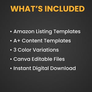 K&ouml;nnte beinhalten: Grafik mit gelbem Text "WHAT'S INCLUDED" auf dunklem Hintergrund. Wei&szlig;e Aufz&auml;hlungspunkte listen "Amazon Listing Templates", "A+ Content Templates", "3 Color Variations", "Canva Editable Files" und "Instant Digital Download" auf.
