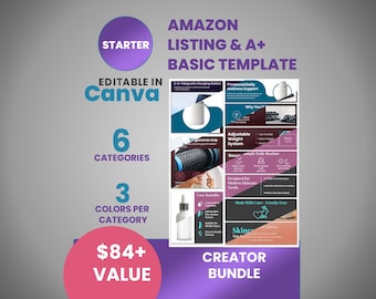 Amazon Listing Template + Basic A+ Content Bundle | 6 Kategorien | 3 Farbvariationen pro Kategorie | Bearbeitbare Leinwand