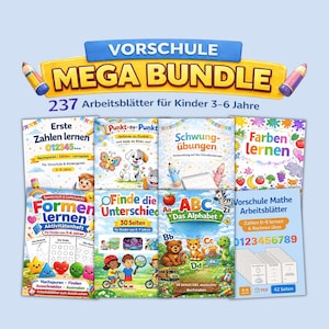 Vorschule Arbeitsblätter Mega Bundle 267 Seiten – Kindergarten Lernmaterial 3–6 Jahre / Zahlen, Buchstaben, Feinmotorik Vorschulübungen PDF