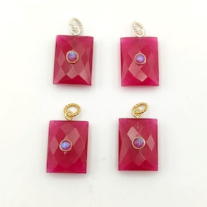 15x20mm Faceted Ruby Pendant with Moonstone Charm, Rectangle Gold-Plated Silver Loop (Sold by Pcs)