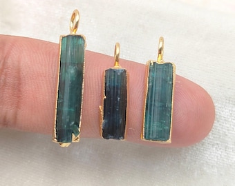 Green Tourmaline Raw Long Stick Pendants, Electroplated Edges Charms, For Jewelry Making