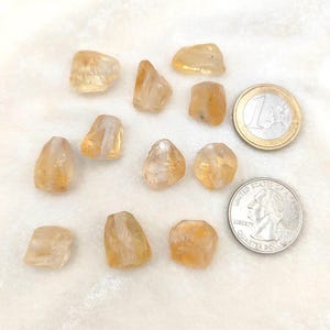 May include: Ten small, translucent, golden-yellow citrine crystals with irregular, faceted shapes. A silver-colored one-euro coin and a silver-colored United States quarter are positioned to the right for scale, showing the size of the stones.