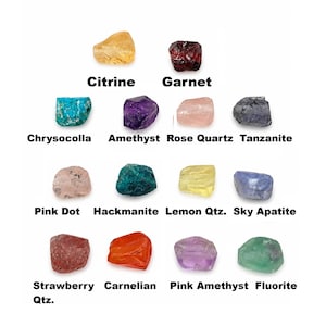 May include: A collection of fourteen raw gemstones labeled with text: Citrine, Garnet, Chrysocolla, Amethyst, Rose Quartz, Tanzanite, Pink Dot, Hackmanite, Lemon Qtz., Sky Apatite, Strawberry Qtz., Carnelian, Pink Amethyst, and Fluorite.