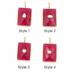 パール付きルビー長方形ペンダント、ネックレスまたはイヤリング用のダブルジェムストーンチャーム