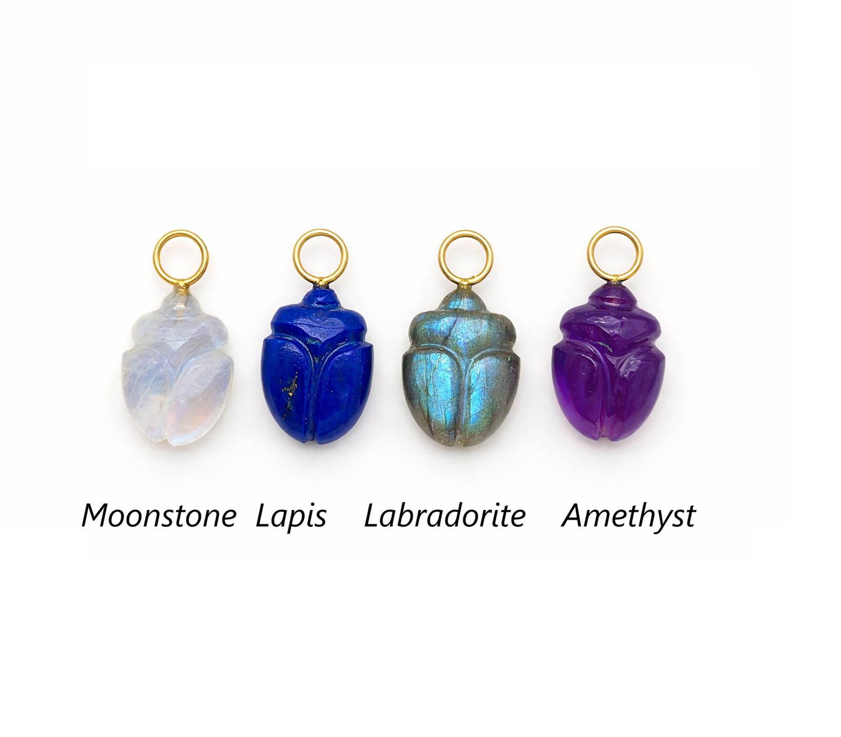 Carved Gemstone Scarab Beetle Pendant, Moonstone Amethyst Lapis